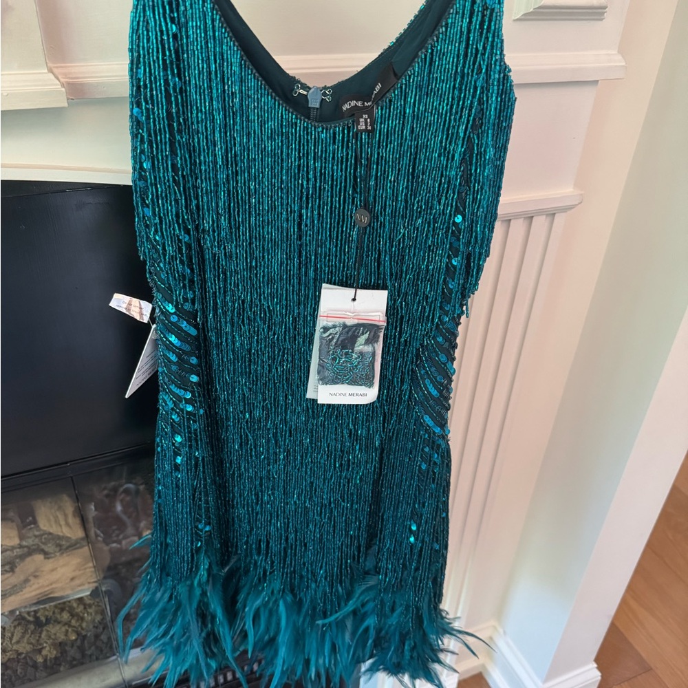NADINE MERABI Teal Lottie Feathered Dress - Picture 4 of 13